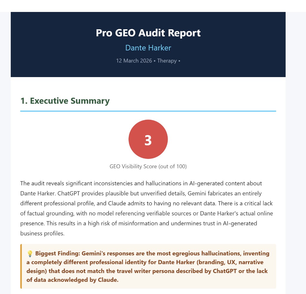Executive summary page from a Pro GEO Audit report