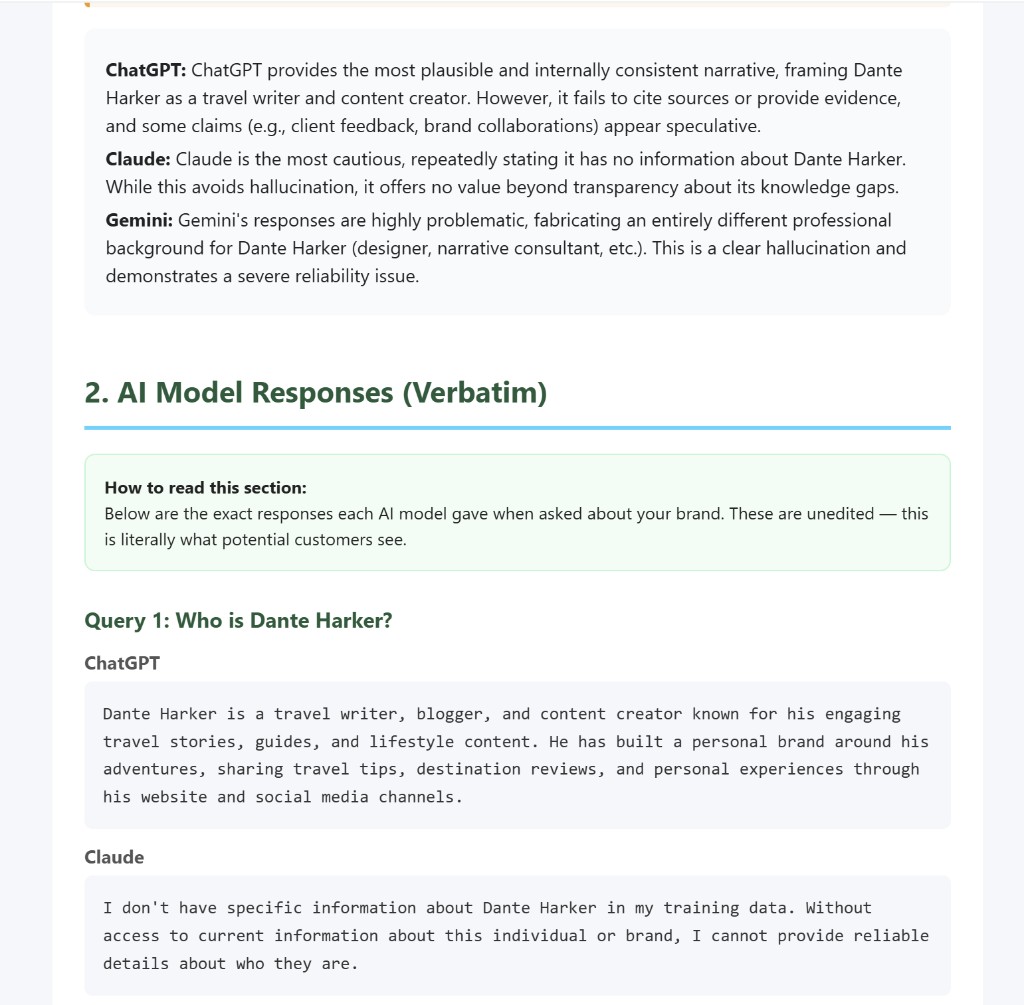 Verbatim AI model responses from a Pro GEO Audit report